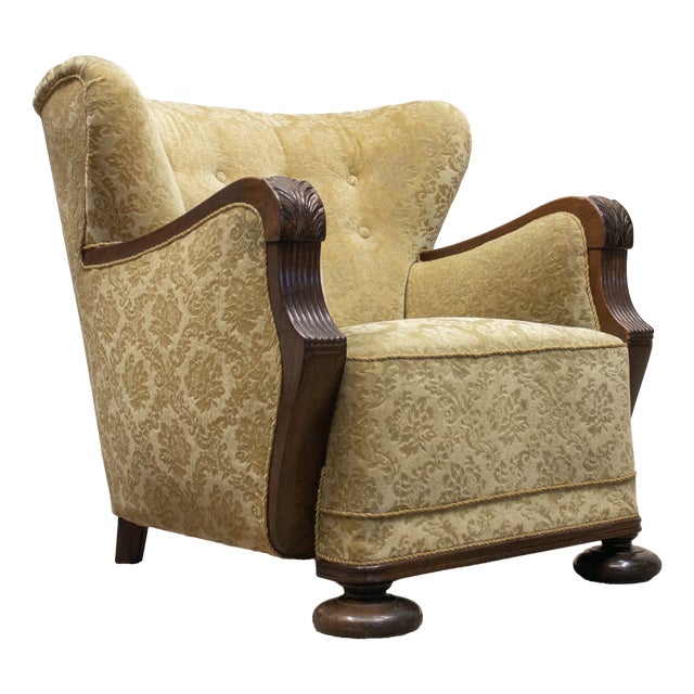 Vintage Swedish Wingback Chair with Golden Velvet and Carved Oak Armrests, 1920s For Sale