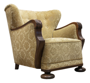 Vintage Swedish Wingback Chair with Golden Velvet and Carved Oak Armrests, 1920s
