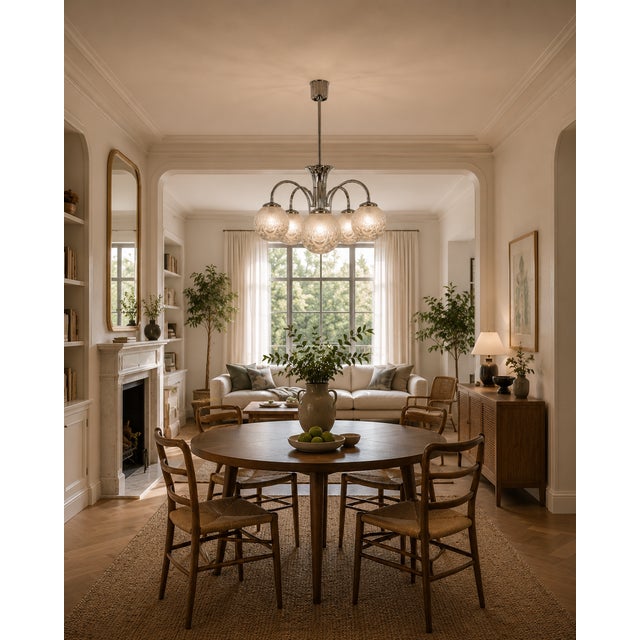 Art Deco Five-Light Chrome Chandelier with Etched Glass Globes, 1940s For Sale - Image 3 of 8