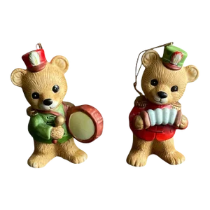 Set of 2 Vintage Homco Christmas Bear Ornaments Musical Accordion & Drum Figurines #5553