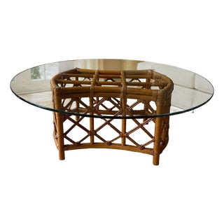 1970s McGuire Rattan Glass Top Coastal Coffee Table 48" For Sale