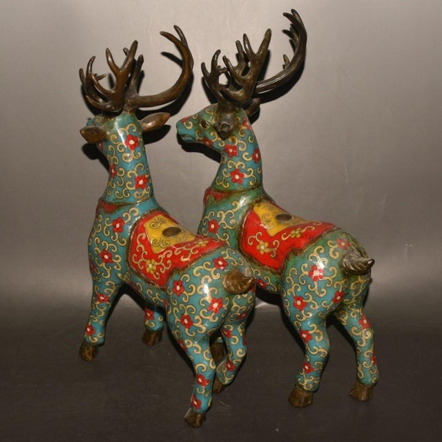 Blue Monumental Pair of Vintage Cloisonné Enamel & Gilt Bronze Deer Figures For Sale - Image 8 of 9