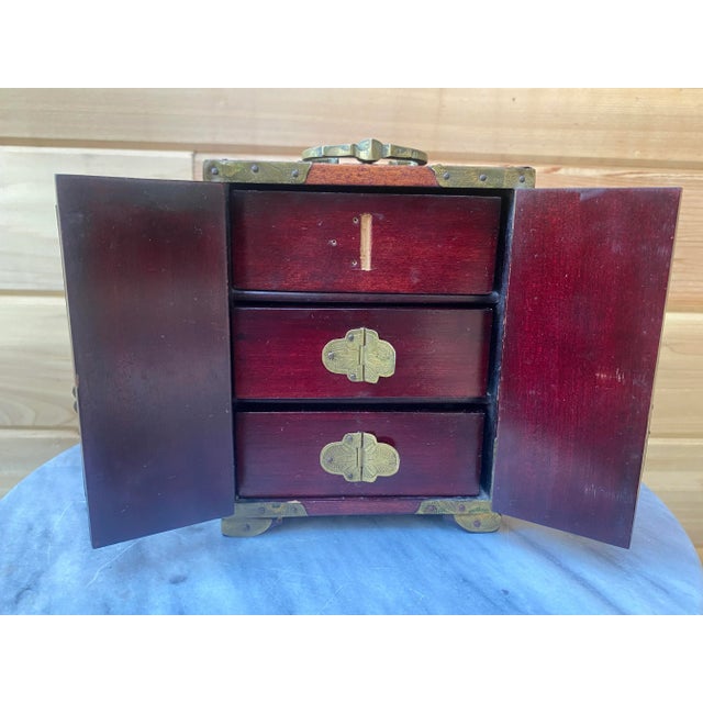 Chocolate 1960's Wooden Chinese Jewelry Cabinet With Jade Inlays For Sale - Image 8 of 11