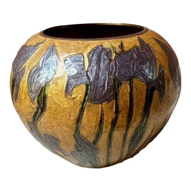 Art Nouveau Brass Enamel Vase With Irises For Sale