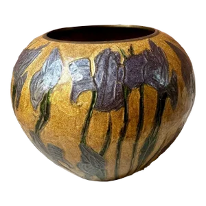 Art Nouveau Brass Enamel Vase With Irises