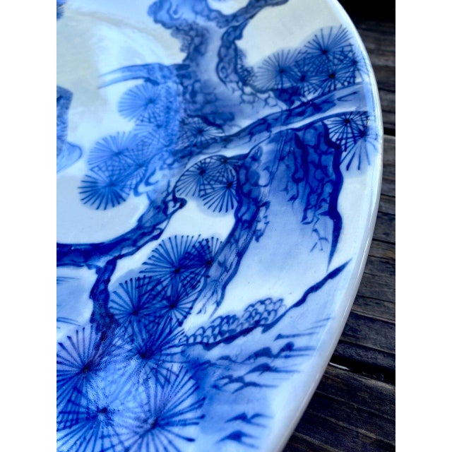 Blue Mid 20th Century Monumental Japanese Blue & White Porcelain Charger With Hawk & Pine Landscape For Sale - Image 8 of 15