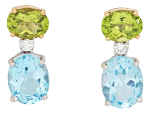 Peridot Blue Topaz Earrings Drops Estate 18k Gold Mixed Gemstones Fine Jewelry - 2 Pieces