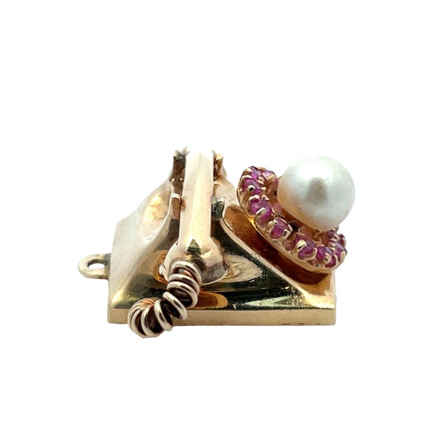 14k Yellow Gold Vintage Telephone Charm With Pearl & Pink Sapphire Dial For Sale - Image 4 of 8