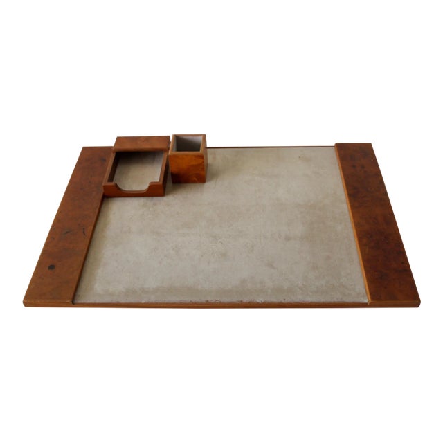 Gucci Style Italian Burl Wood Desk Pad Pen Holder and Notepad Holder, 1970s Vintage For Sale