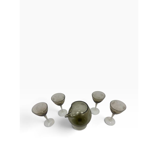 Mid-Century Modern Vintage Mid-Century Etched Smoke Glass & White Opaline Stem Cocktail Pitcher Set - 5 Pieces For Sale - Image 3 of 8