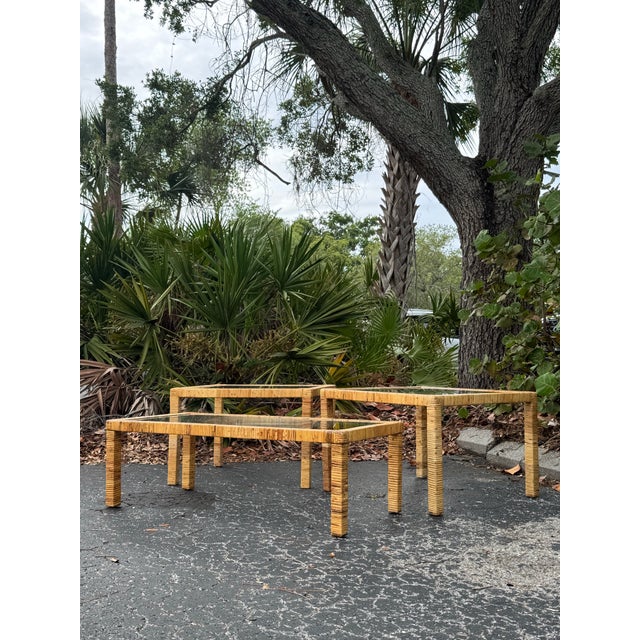 Vintage Coastal Rattan 3-Piece Living Room Table Set With Glass Tops For Sale In Tampa - Image 6 of 9