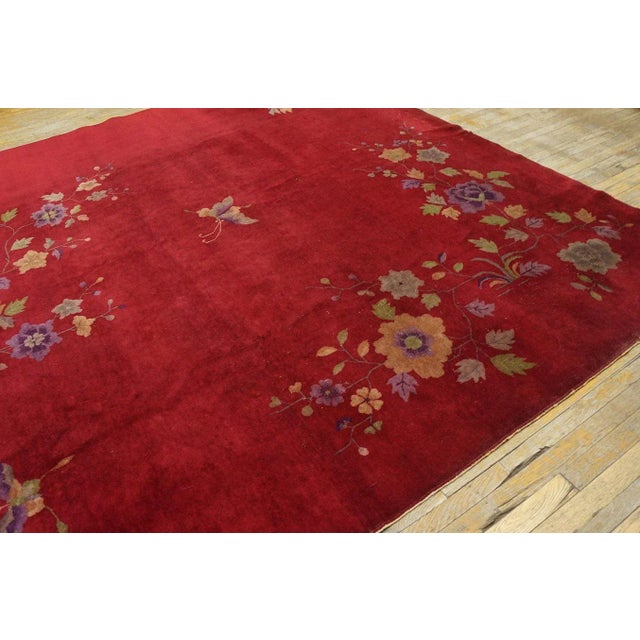 1920s Ruby Red Floral Antique Chinese Art Deco Carpet 9' X 12 Knotted Wool Rug For Sale - Image 4 of 10