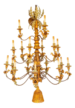 1980s Italian Baroque Chandelier in Giltwood & Wrought Iron