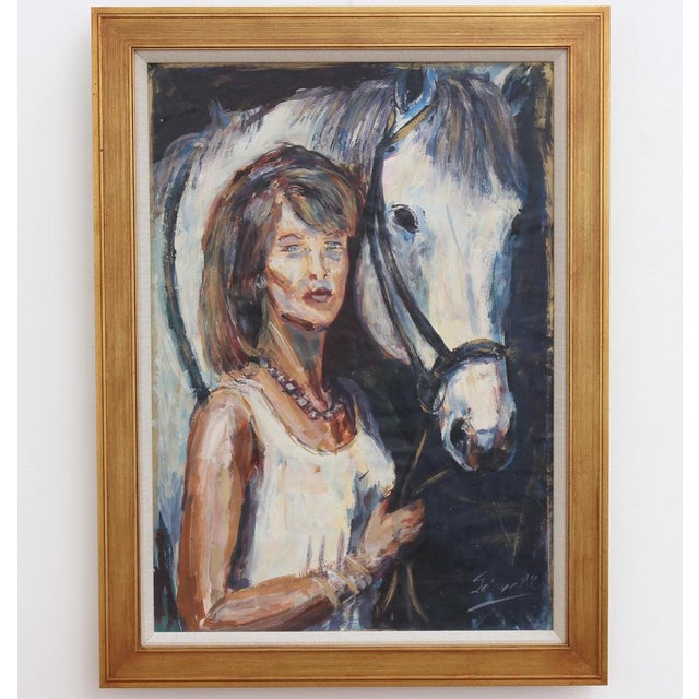 French School Artist, Portrait of a Woman and Her Horse, 1980s, Oil on Board, Framed For Sale - Image 18 of 18