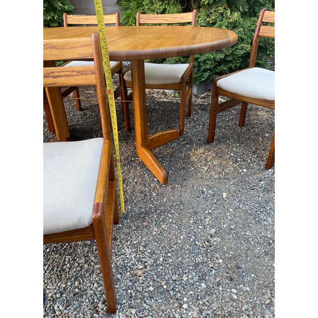 Tan Vintage Danish Modern Solid Wood Dining Table With 5 Newly Upholstered Chairs – Minimalist Small Space Design Set of 6 For Sale - Image 8 of 10