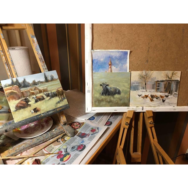 Framed Original Painting Cow Landscape Farmhouse Antique Wall Decor For Sale - Image 9 of 11