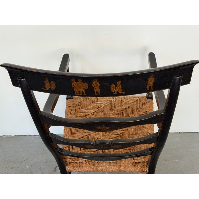 English Regency Style Crackle Finish Chinoiserie & Classical Stenciled Rush Seat Armchair For Sale - Image 10 of 12