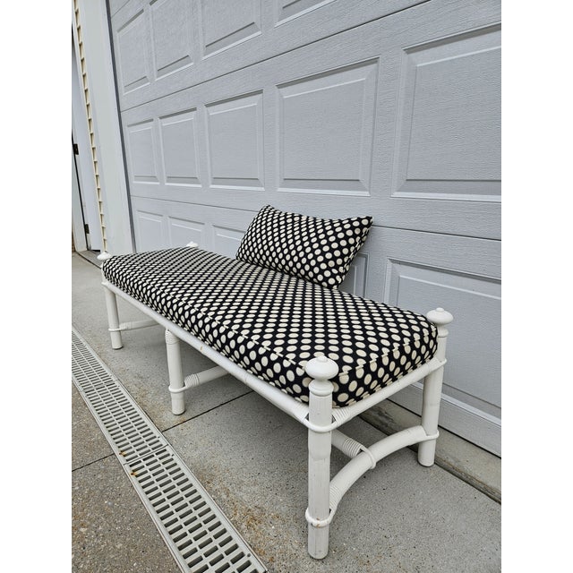 White and Black Rattan Bamboo and Reed Upholstered Bench For Sale - Image 6 of 18