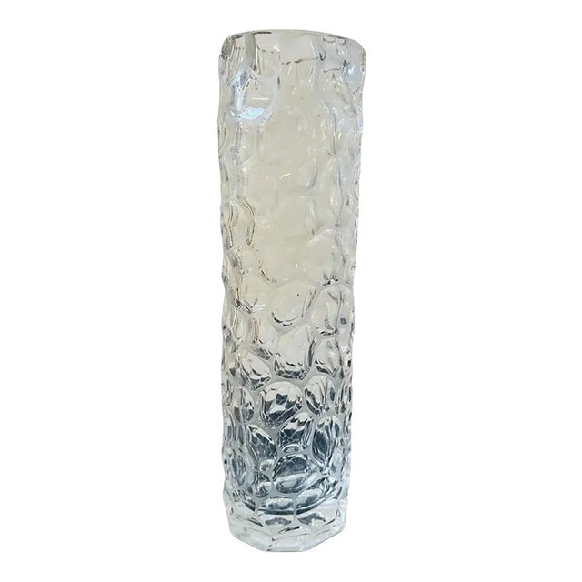 1970s Modernist Hammered Clear Glass Italian Cylindrical Vase For Sale