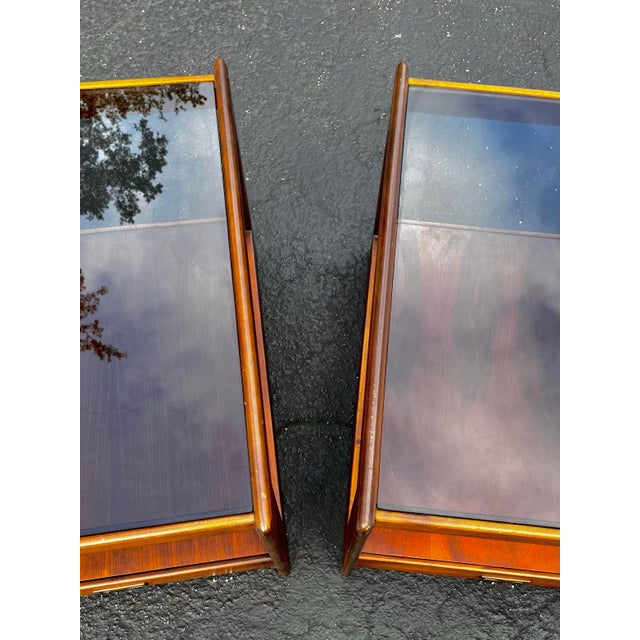 Mid 20th Century Mid Century Modern Side Tables With Smoked Inset Glass | in the Style of John Keal for Saltman Brown For Sale - Image 5 of 12