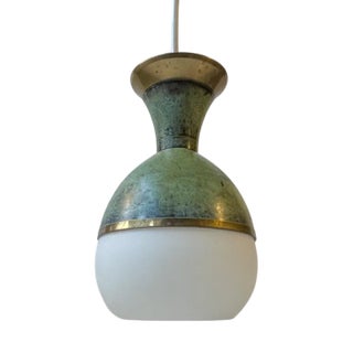 Art Deco Revival Pendant Lamp in Green Bronze and White Glass, 1970s For Sale