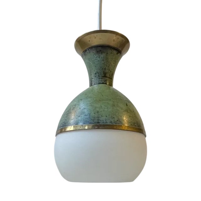 Art Deco Revival Pendant Lamp in Green Bronze and White Glass, 1970s For Sale
