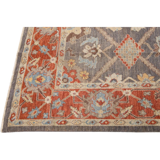 Modern Sultanabad Handmade Gray & Rust Wool Rug With Allover Motif For Sale - Image 4 of 7
