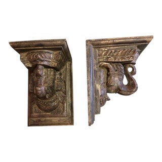 Wall Mount Shelf or Book Ends - 1950s Carved Brackets a Pair For Sale