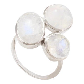 Boho 9.86ct Rainbow Moonstone Cocktail Ring Size 7 in 18k White Gold For Sale