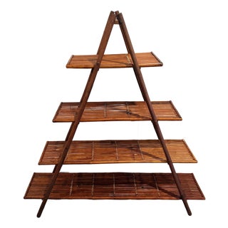 Rare Mid-Century Style Bamboo, Rattan Foldable Wall, Book Shelf, Étagère With 4 Graduated Tiers in a Sculptural a-Frame Form For Sale