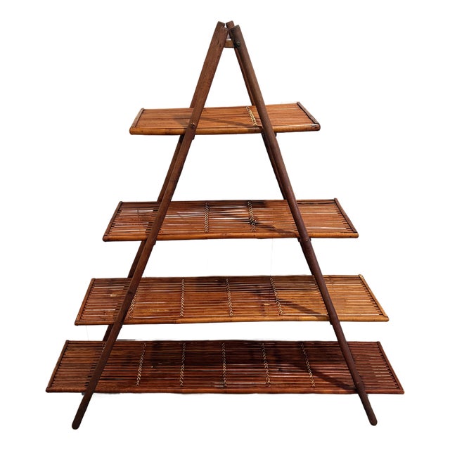 Rare Mid-Century Style Bamboo, Rattan Foldable Wall, Book Shelf, Étagère With 4 Graduated Tiers in a Sculptural a-Frame Form For Sale