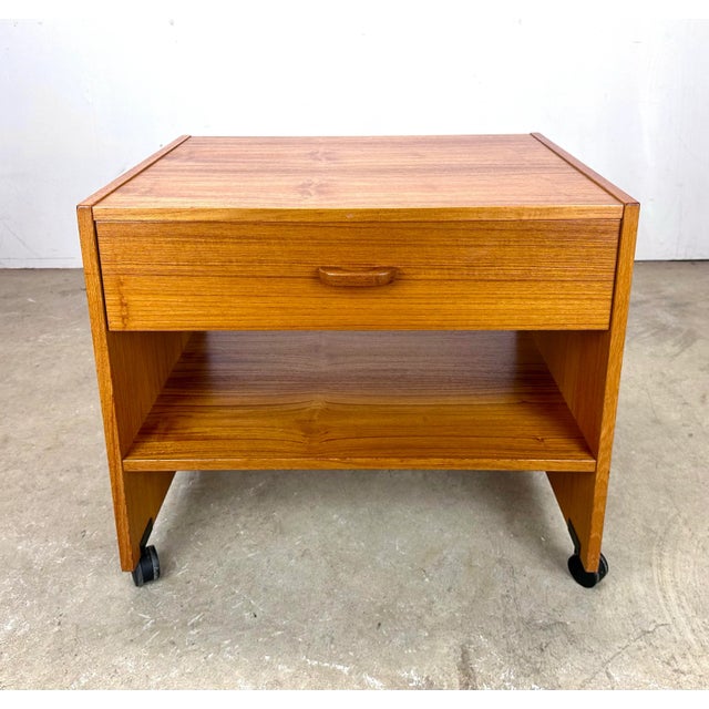Mid Century Danish Modern Teak Rolling Media Cabinet Table Cart For Sale - Image 12 of 12