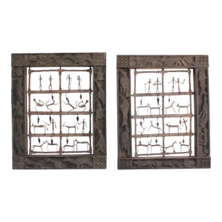 Wood Carved Two Sculptural Panels ‘Window’ With Metal Animals & Figures For Sale