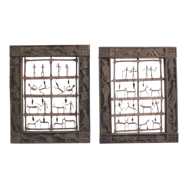 Wood Carved Two Sculptural Panels ‘Window’ With Metal Animals & Figures For Sale