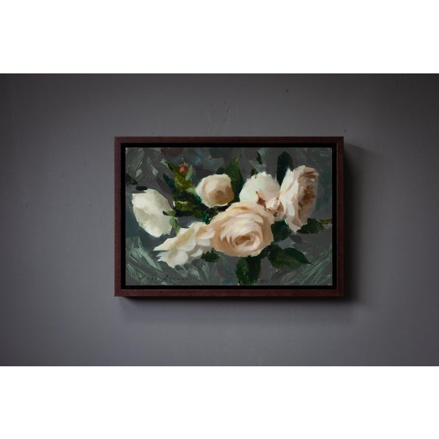 Gray Contemporary Roses II by Jon Doran | Oil on Panel Small White Roses Still Life For Sale - Image 8 of 9