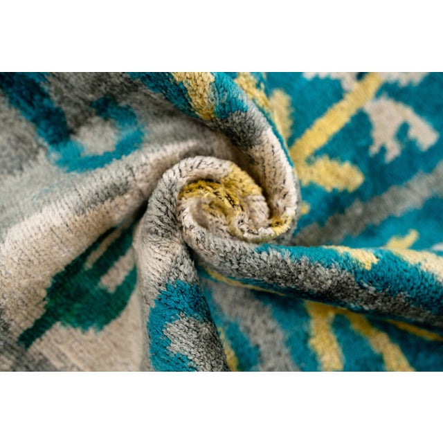 Modern Handmade Velvet Throw Pillow With Turquoise and Yellow Ikat Design & Down Feather Insert For Sale - Image 3 of 6