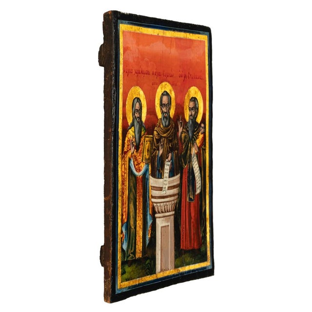 Antique Greek Eastern Orthodox Religious Painted Icon Egg Tempera 3 Saints 1780 For Sale - Image 13 of 15