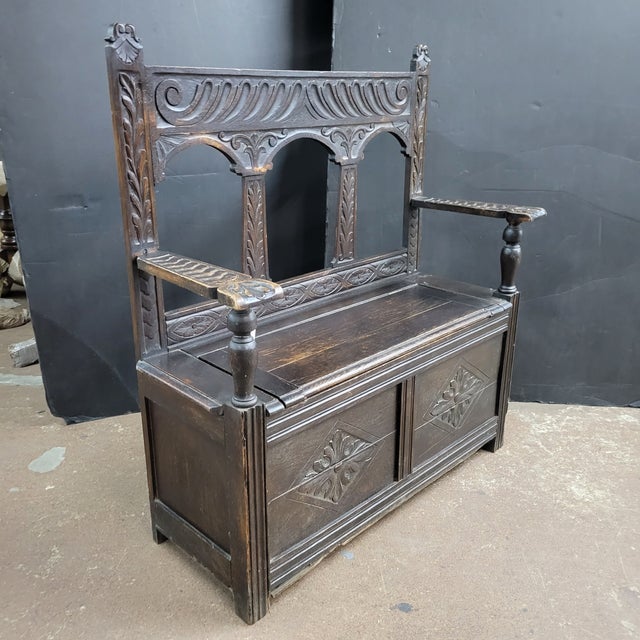 English Antique Oak Carved Bench/Settle With Storage Base For Sale - Image 9 of 18