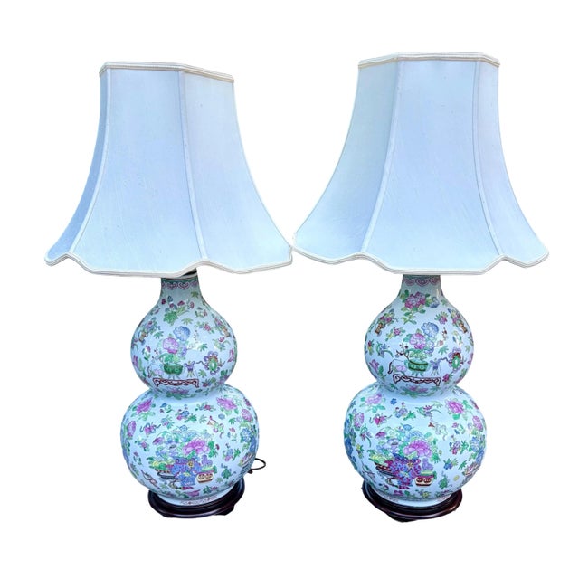 Pair of Vintage Chinese Famille Rose Double Gourd Porcelain Table Lamps For Sale - Image 12 of 12