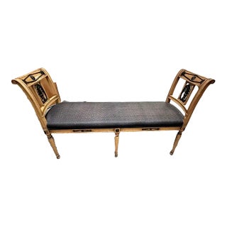 1980s Vintage Empire Style Carved Wood Upholstered Window Bench For Sale