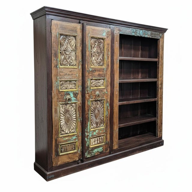 Farmhouse 1970s Farmhouse Style Vintage Carved Doors Repurposed 92" Wide Bookcase Armoire For Sale - Image 3 of 7