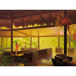 Scarlet Ibis by Diego Glazer | Oil on Panel Interior scene with a figure and tropical plants. For Sale