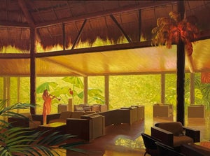 Scarlet Ibis by Diego Glazer | Oil on Panel Interior scene with a figure and tropical plants.