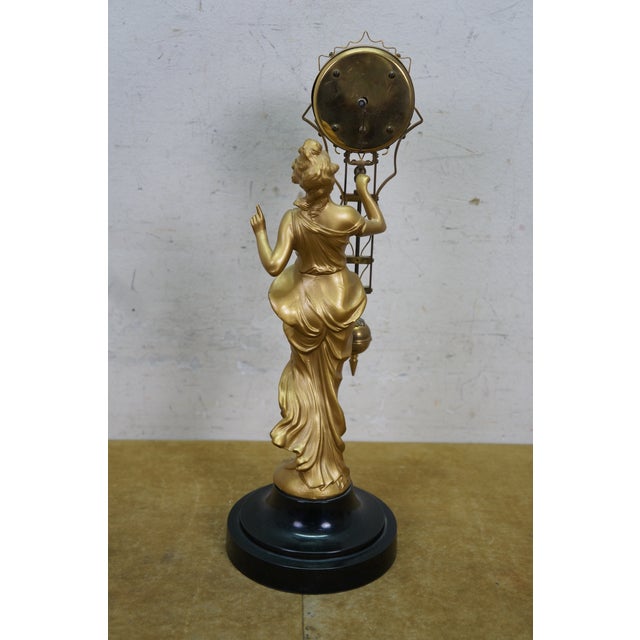 Mid 20th Century Japanese Linden Art Nouveau Swinging 8 Day Diana Statue Desk Clock 14" For Sale - Image 5 of 18