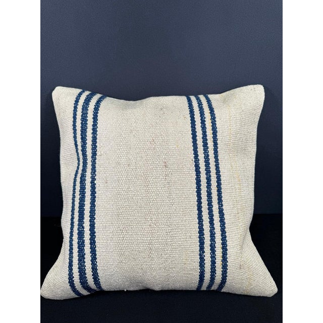 Turkish Hemp Pillow Cushion Natural Beige Blue Cushion Cover 20"x20" For Sale - Image 4 of 4