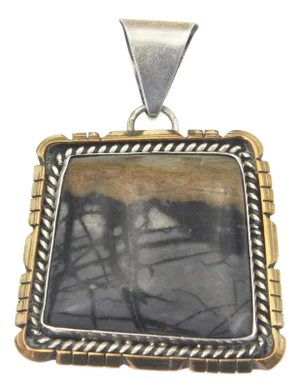 Zuni Native American Picasso Marble Stone Sterling Silver Square Pendant by Sensa Eustace