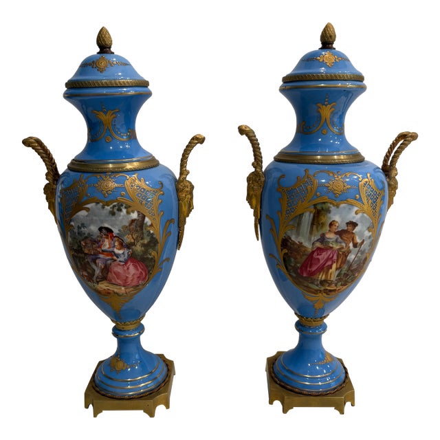 Pair of Stunning Late 19th Century Hand-Painted French Sevres Urns For Sale