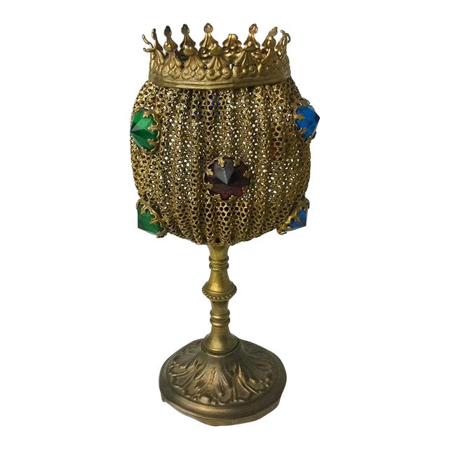 1910s Small Victorian Bejeweled Pierced Brass Goblet-Shaped Stand and Shade For Sale