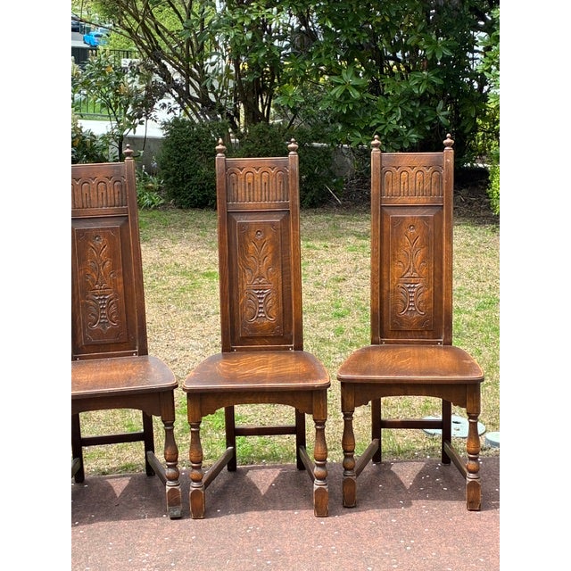 Coffee 1930s Oak Gothic Revival Chair Set For Sale - Image 8 of 10