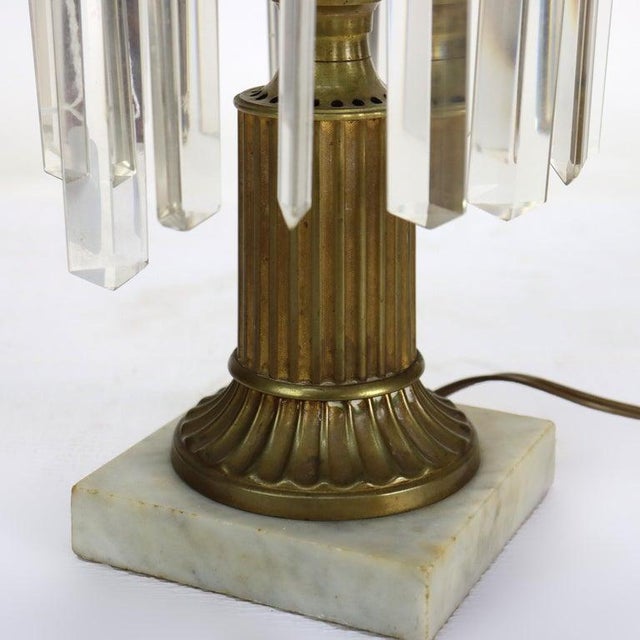 1900s Oversized Antique Brass, Crystal & Marble Electrified Astral Lamp Etched Shade For Sale - Image 4 of 9
